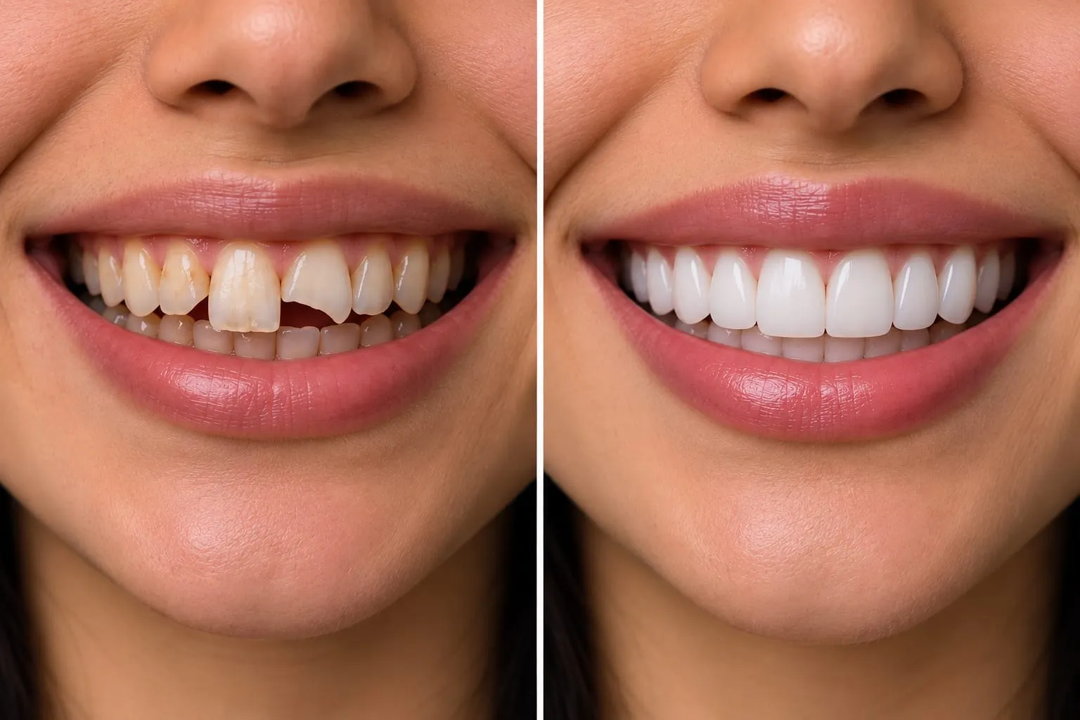 Porcelain veneers before and after transformation at Top Smile Dental Clinic Dubai